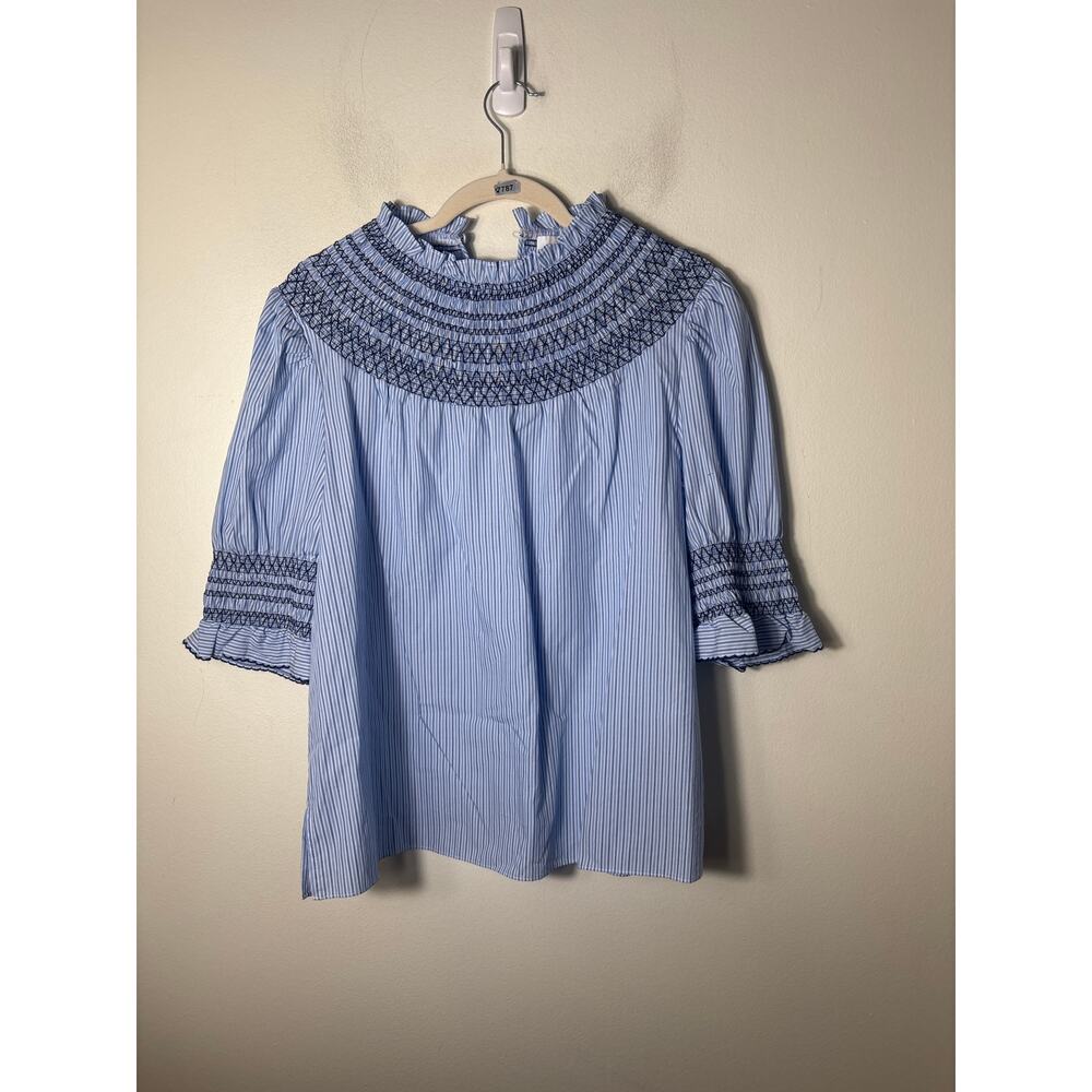 Cartolina Blue and White Striped Smocked Neckline Cotton Shirt Sz M